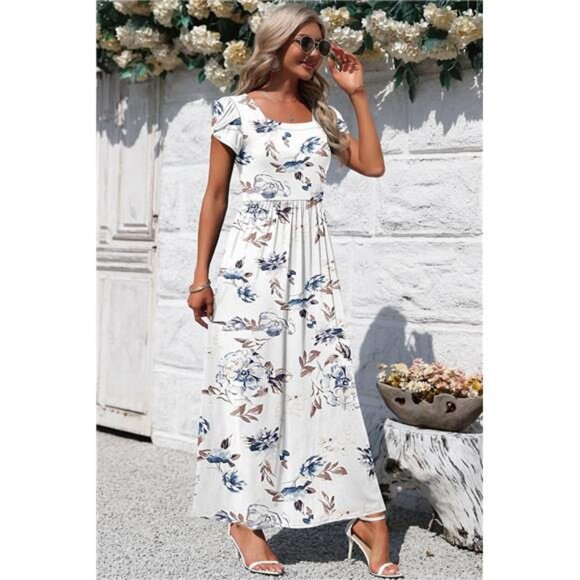 Women's Square Neck Maxi Dresses Petal Short Sleeve Casual Long Dress Pokets - Picture 2 of 6